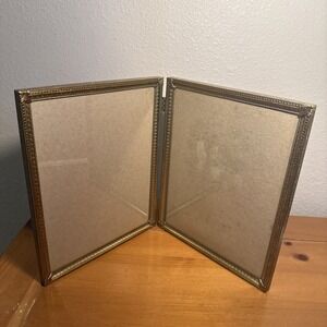 Vintage MCM Bi-Fold Gold Tone Ornate Metal Double 8x10" Photo Frame Velvet Back
